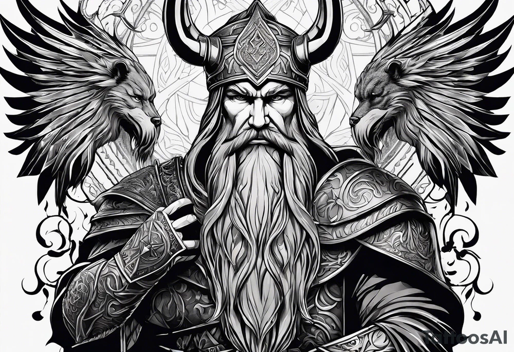 Odin mit Thore und darunter Hades mit sein dreiköpfigen Hund tattoo idea