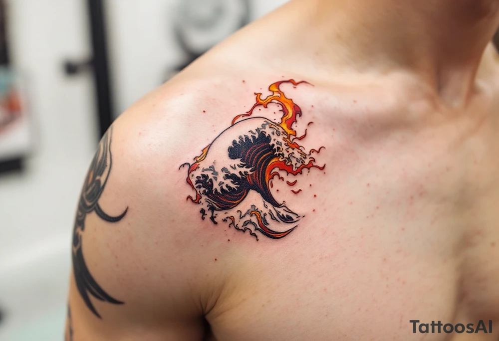 A fiery red and orange stylized wave swirls up the calf, giving a volcanic ocean vibe. tattoo idea