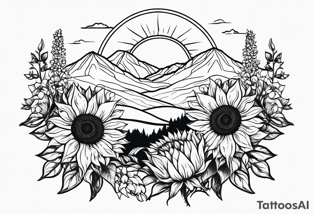 Sunflowers, wild flowers, mountains, sun tattoo idea