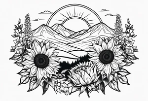 Sunflowers, wild flowers, mountains, sun tattoo idea