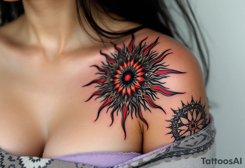 A bold black Celtic sun tattoo with red accents radiates tribal power across the upper shoulder. tattoo idea