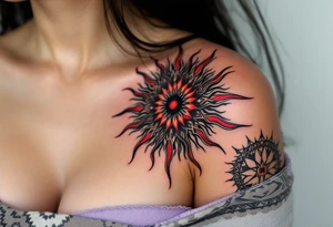 A bold black Celtic sun tattoo with red accents radiates tribal power across the upper shoulder. tattoo idea
