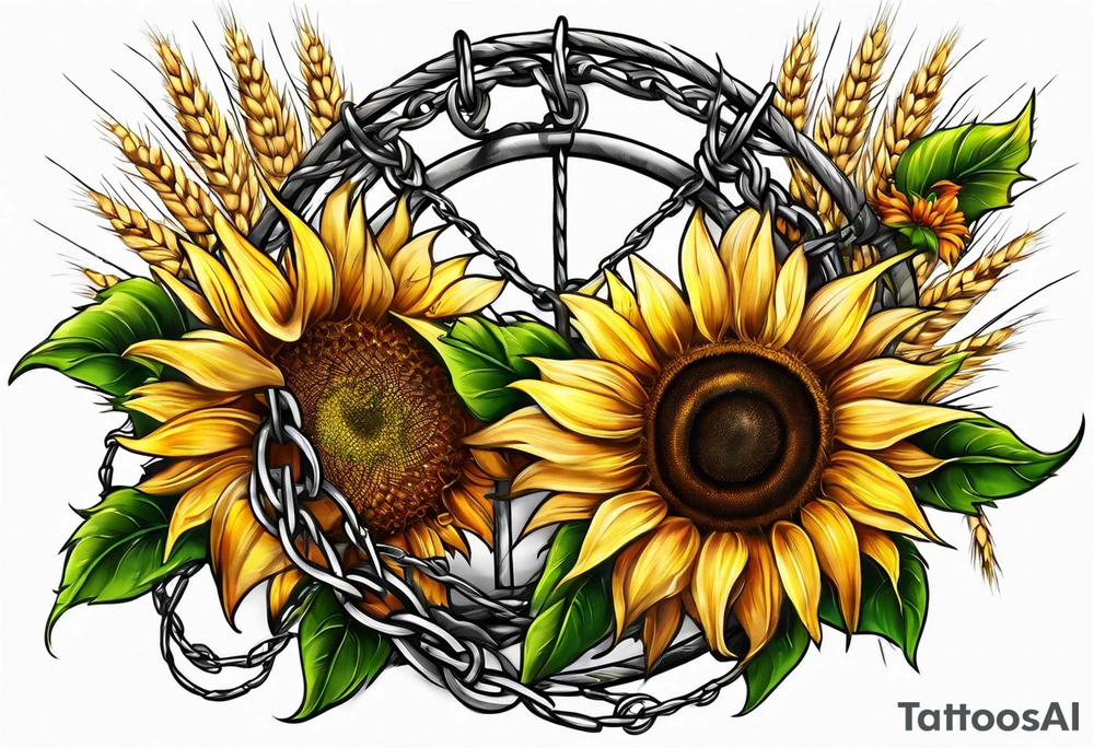 Sunflower, wheat, and barbed wire half sleeve tattoo idea
