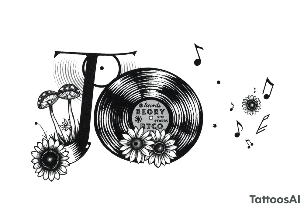 two overlapping vinyl records with mushrooms, sunflowers, and music notes tattoo idea