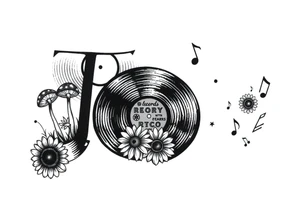 two overlapping vinyl records with mushrooms, sunflowers, and music notes tattoo idea