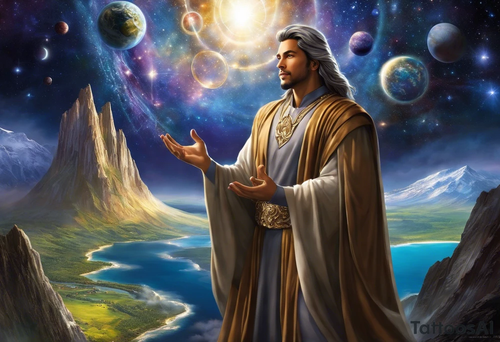 Jehovah looking out at the marvels of his creation from the atoms to the galaxy and celestial beings. With grey wash and a fantasy theme. Jehovah has to be a character who is so majestic, charismatic, immensely powerful. There isnt a single thing he isnt capable of doing. Infinitely powerful forward facing. Without the pagan styled attire and without the pagan symbols etcetera, shirtless, large muscular athletic physique, deep muscle definition tattoo idea