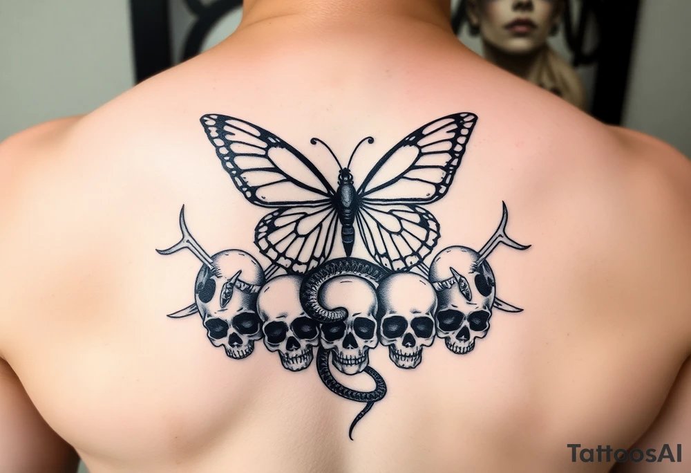 ethereal butterfly flowing around a serpent wrapped round skulls tattoo idea