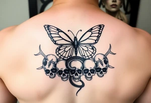 ethereal butterfly flowing around a serpent wrapped round skulls tattoo idea