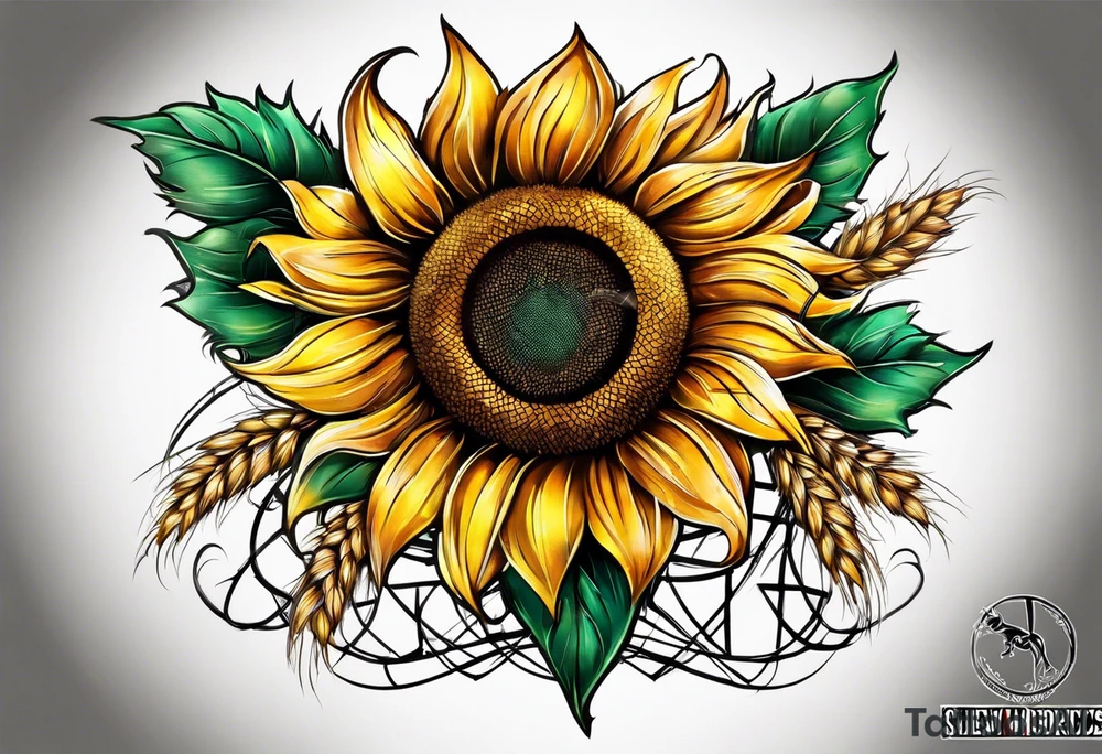 Sunflower, wheat, and barbed wire half sleeve tattoo idea