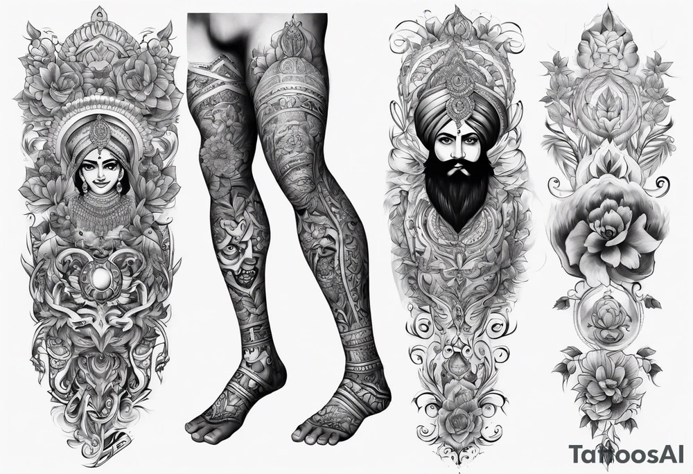 Full Leg sleeve tattoo representing Punjabi values tattoo idea