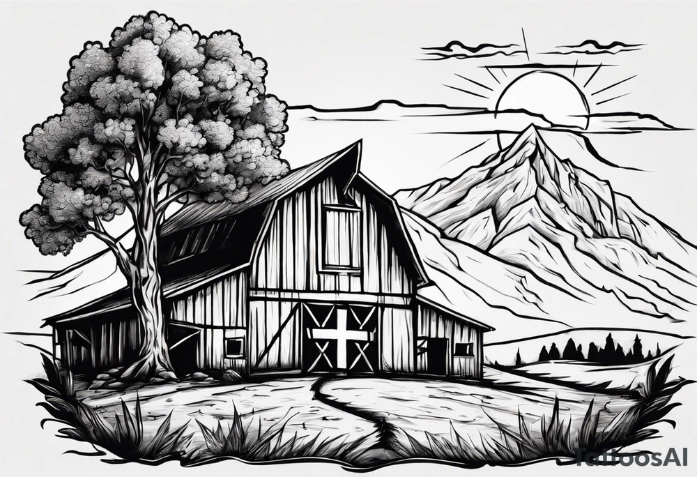barn with a tree in front with a mountain in the back with a sun above beaming down showing a cross tattoo idea