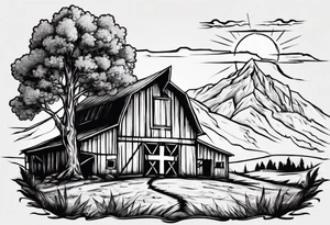 barn with a tree in front with a mountain in the back with a sun above beaming down showing a cross tattoo idea