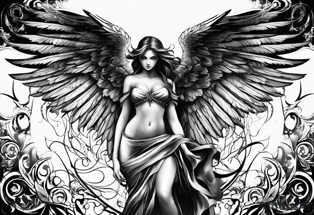 Angel with gothic wings. One side of angle represents darkness and the second of the angle represents light tattoo idea