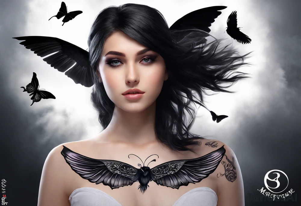 A butterfly flies. Below the butterfly, a raven flies.
The butterfly and the raven are the same size
In the background is the name Malia.
In the background is the name SKF.
The number 89 can be seen in the background.
There is also a scorpion in the wing of the butterfly.
This tattoo is black and white and on the arm. tattoo idea
