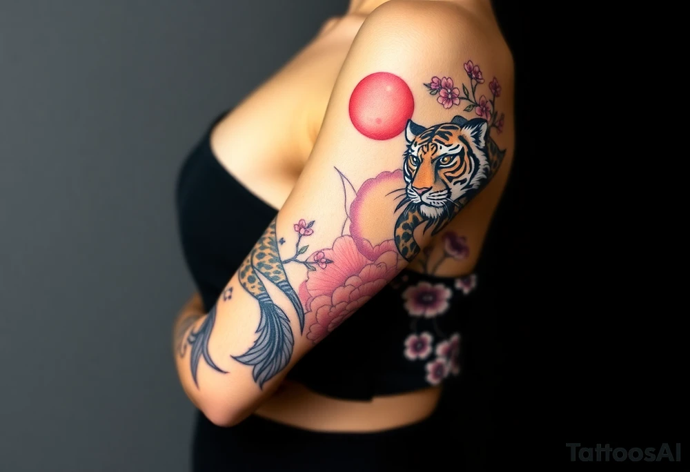 Full arm sleeve, one koi fish, one tiger, the sun, cherry blossom filler, beautiful tattoo idea