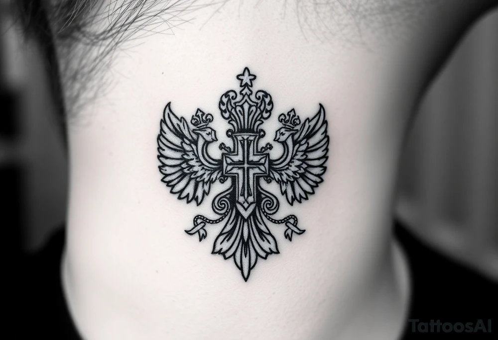 russian coat arms in a russian christian orthodox cross with the cross in the middle with a virgin mary & orthodox dome church on the side of the neck tattoo idea