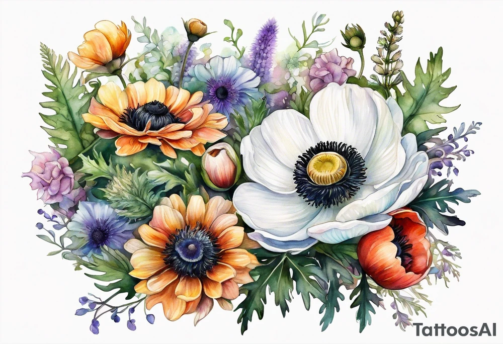 white anemone with black center in the middle of wildflowers with thistles, ferns, ranuculus, sun flowers, mixed color flowers and different shapes all in watercolor tattoo idea