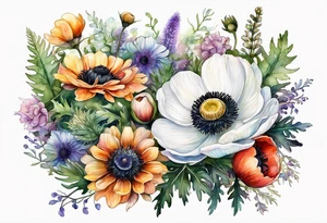 white anemone with black center in the middle of wildflowers with thistles, ferns, ranuculus, sun flowers, mixed color flowers and different shapes all in watercolor tattoo idea