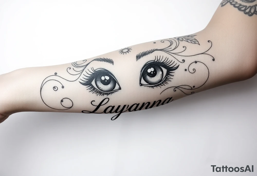 Baby eyes with the name layanna at the bottom of it tattoo idea