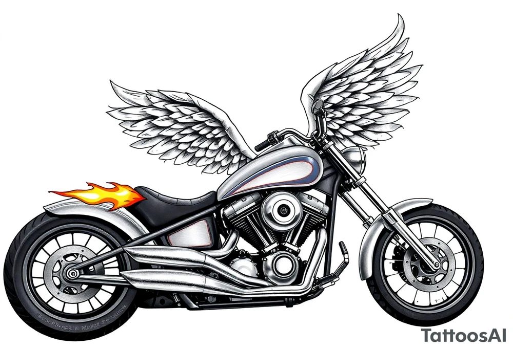 Low rider grey motorcycle, big muffler pipes with flames, angel wings, driving away, no person tattoo idea