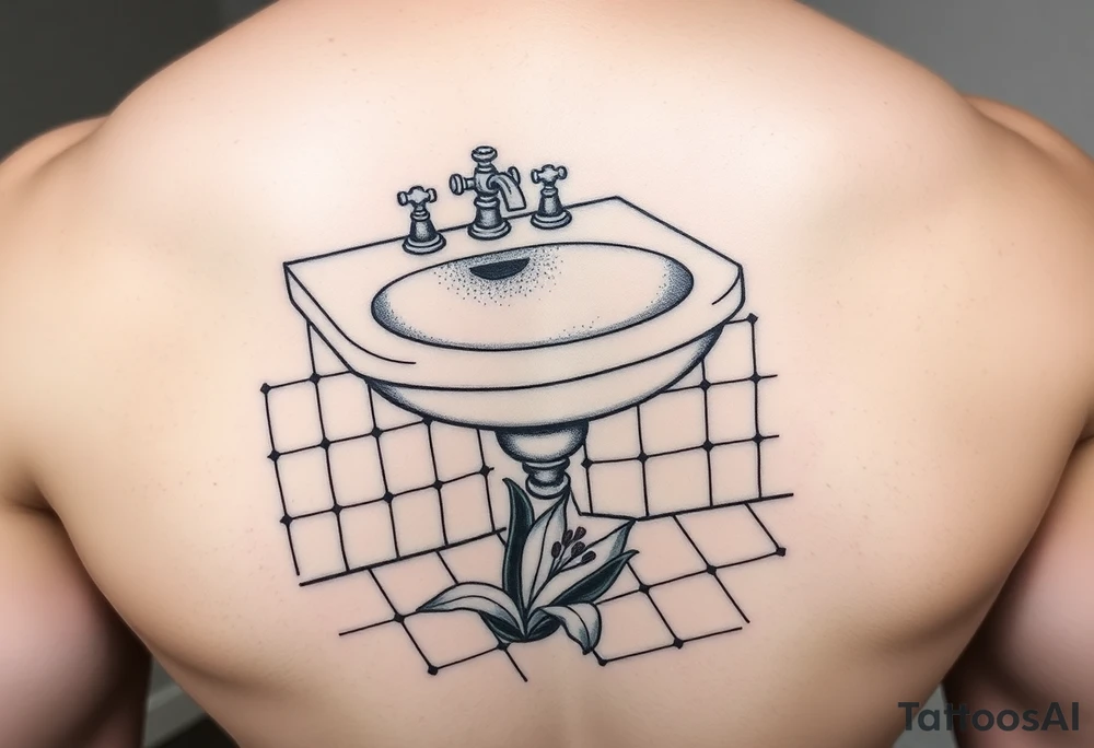 bathroom sink on tile floor with lily coming up out of the floor tattoo idea