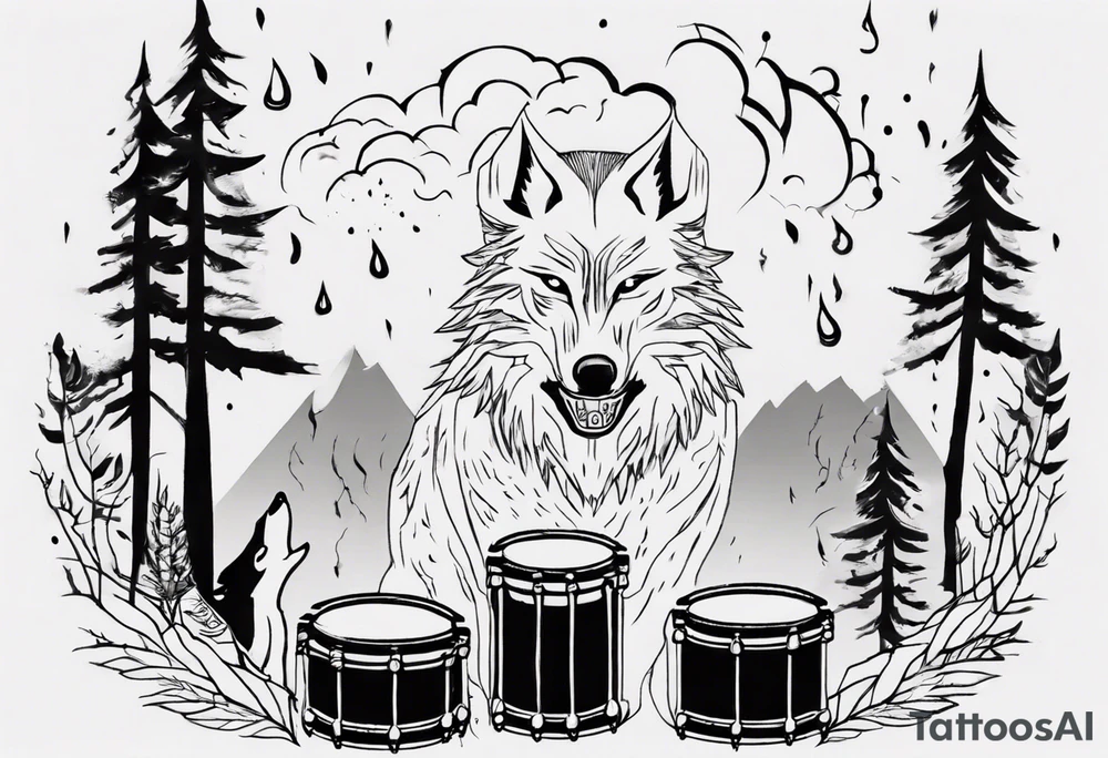 thunderstorm over a forest with a wolf howling on drums tattoo idea thunderstorm over a forest with a wolf howling on drums tattoo idea