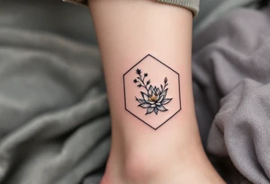 Leo sign, larkspur and water lily surrounded by a hexagon tattoo idea