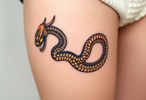 A highly detailed black and gold Ouroboros, with intricate scales and glowing eyes, symbolizing eternity and self-renewal. tattoo idea