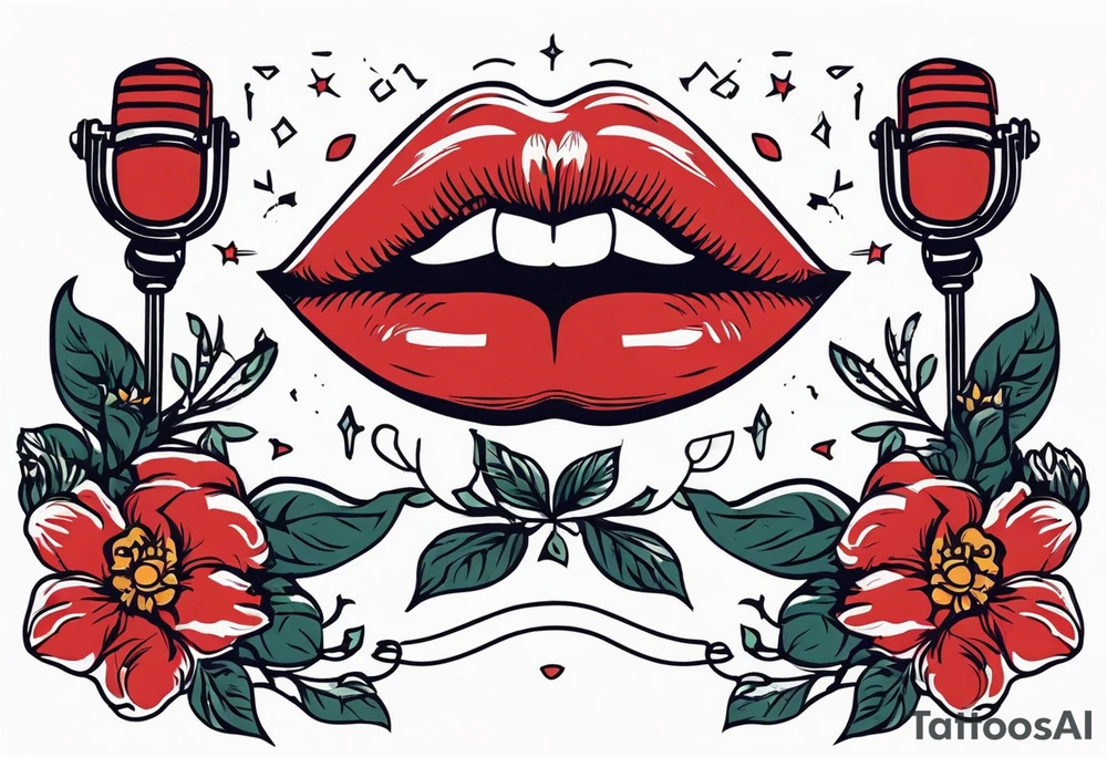 lips singing old school vintage traditional
flowers around and mouth next to microphone tattoo idea