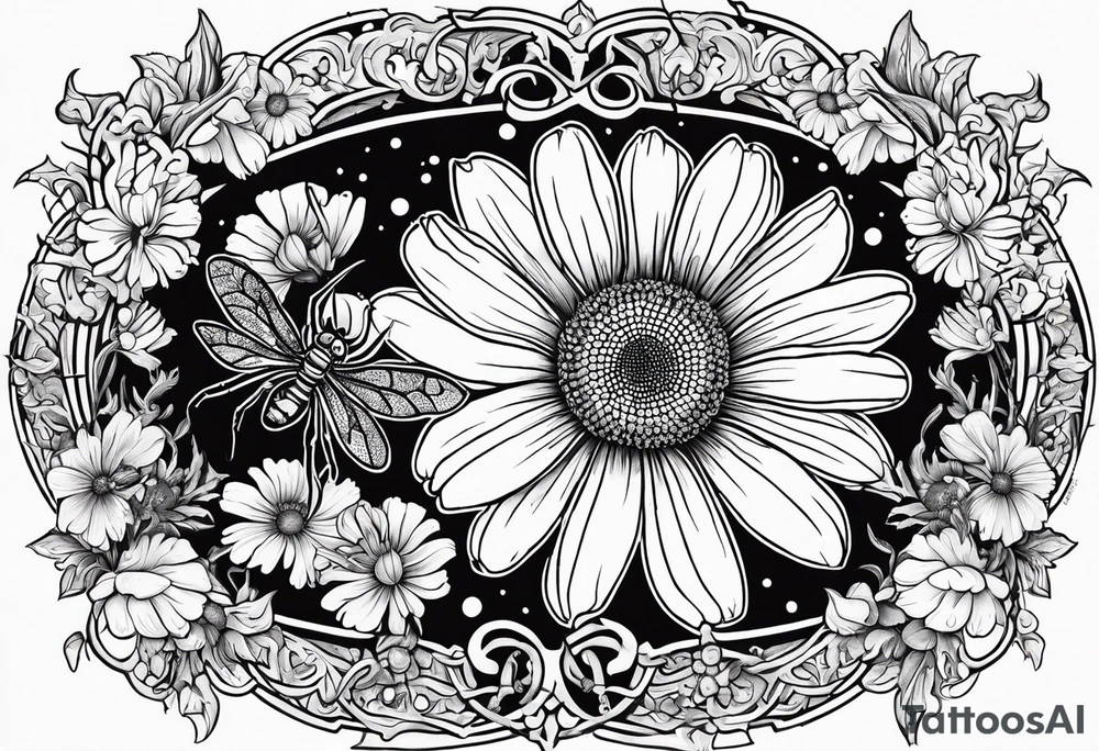 Sweet Pea Marigold cosmos daisy with a spider and a buffterly with a sun and moon tattoo idea