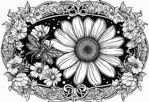 Sweet Pea Marigold cosmos daisy with a spider and a buffterly with a sun and moon tattoo idea