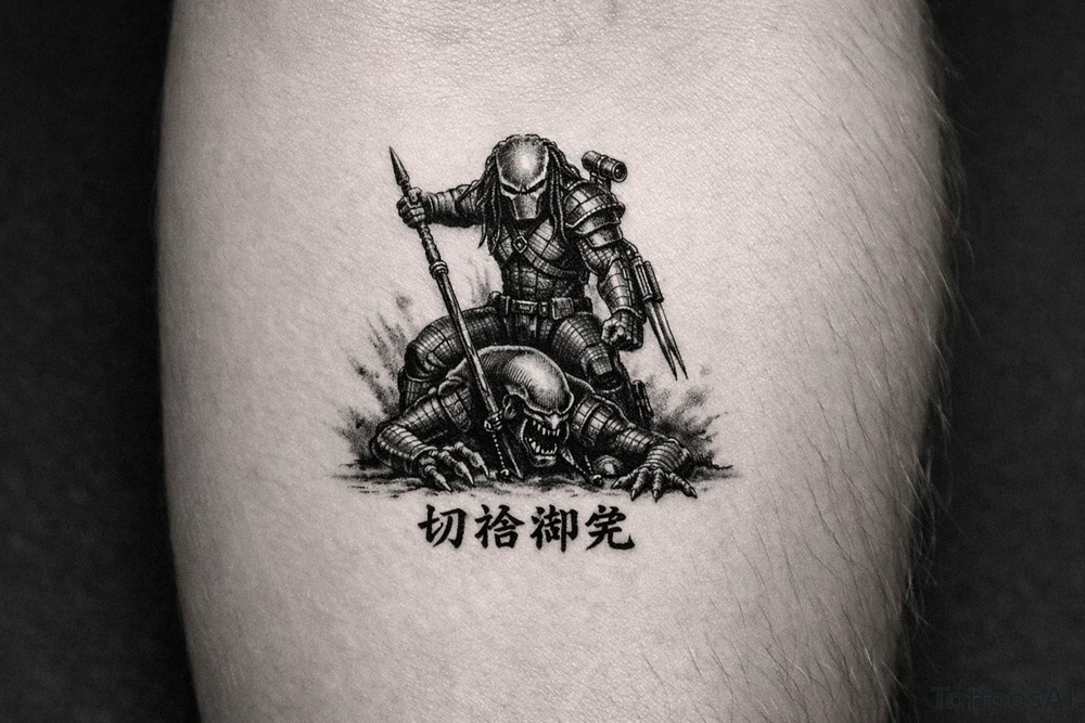 predator killing alien, alien is crawling from the ground. Predator stands up tall, driving his spear with his right hand. The predator's left shoulder has its laser gun pointed down. the Left forerarm has its famous doubled blade out. Below the image the japanese inscription for kirisute gomen tattoo idea