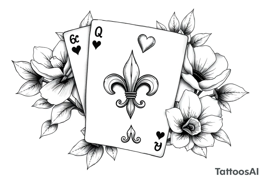 6 of hearts card with fleur de lis as the hearts and magnolias in the background tattoo idea