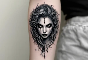 A sinister mermaid or vampire woman with piercing eyes and intricate shadow work. tattoo idea