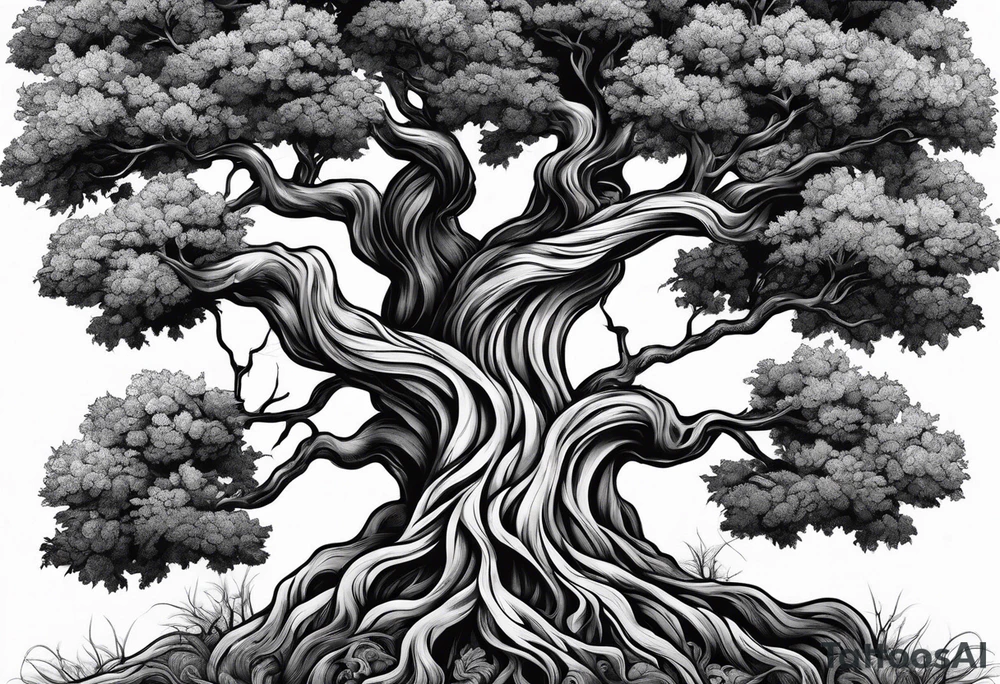 twisted tree with long roots and branches tattoo idea