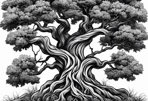 twisted tree with long roots and branches tattoo idea