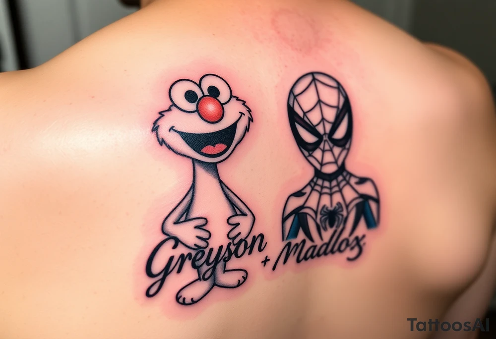 sibling elmo and spiderman tatoo bright colors name greyson and maddox tattoo idea