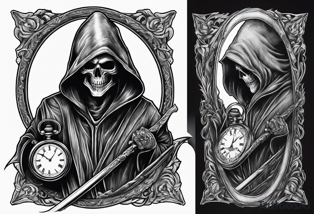 Grim reaper with a pocket watch and scythe tattoo idea