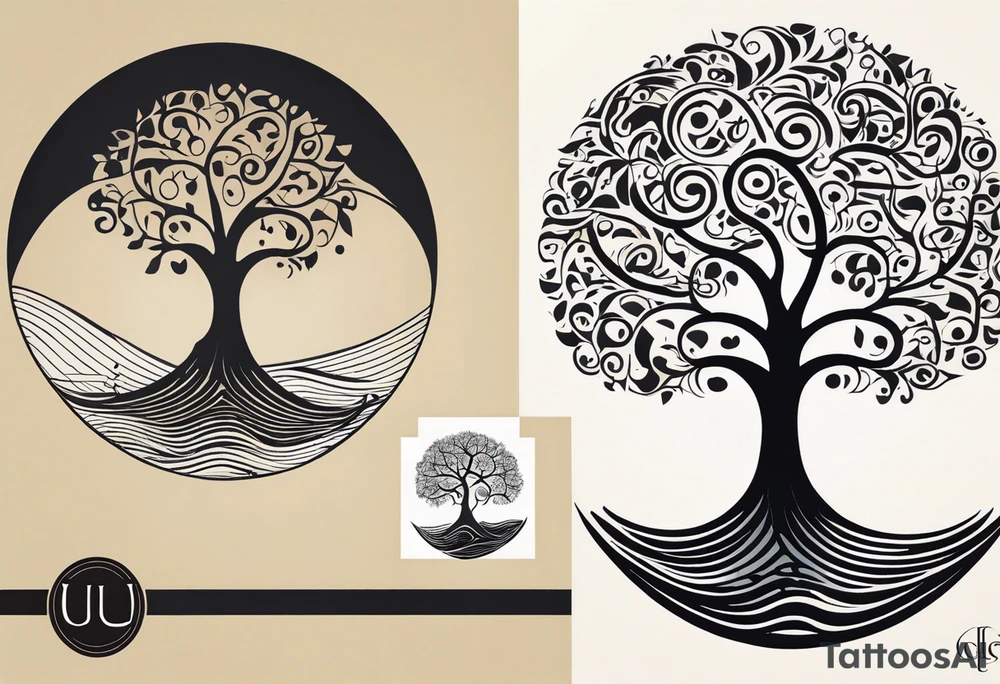 A tattoo design that incorporates the following elements: an abstract tree of life that has roots emerging  from the ground. Waves of water wrap around the tree in a non symmetrical design.  Incorporate musical notes into the tree. the letters U and A are overlapping and engraved into the tree. incorporate a golf ball or golf course symbols like a flag but not prominent. tattoo idea