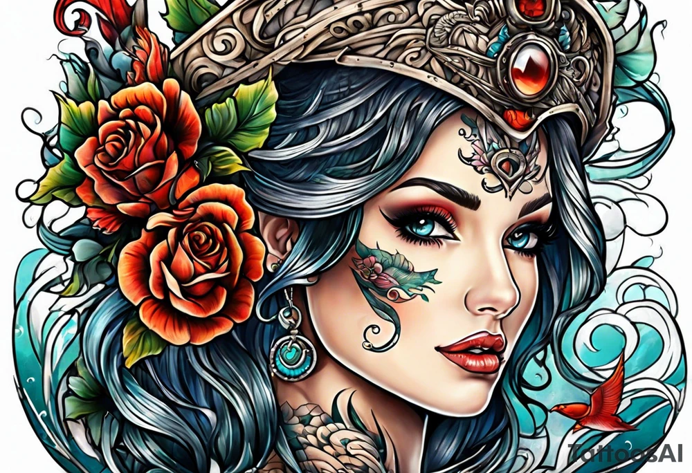 Tattooed siren beside shipwreck tattoo idea