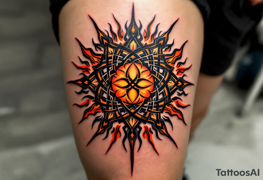 Featuring interlocked black knots and orange rays, this Celtic sun blazes with fierce energy on the upper back. tattoo idea