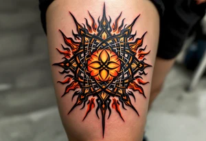 Featuring interlocked black knots and orange rays, this Celtic sun blazes with fierce energy on the upper back. tattoo idea