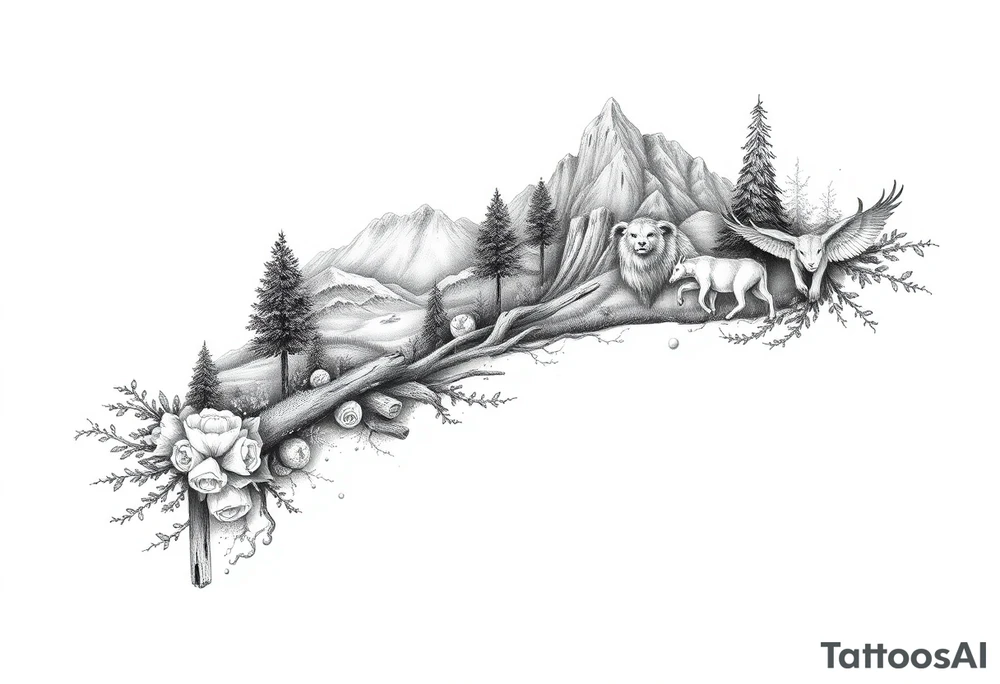 Create a scenic nature half sleeve for a man. Add lots of details including animals. tattoo idea