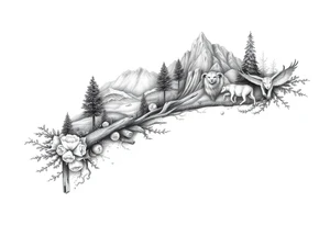 Create a scenic nature half sleeve for a man. Add lots of details including animals. tattoo idea