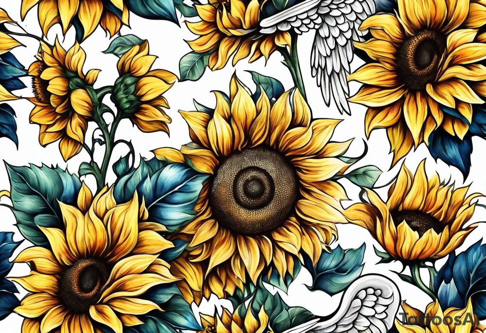 Sunflowers and angel wings leg sleeve tattoo idea
