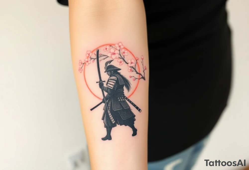 noble samurai warrior silhouette at sunset with cherry blossoms tattoo idea