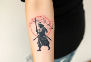 noble samurai warrior silhouette at sunset with cherry blossoms tattoo idea