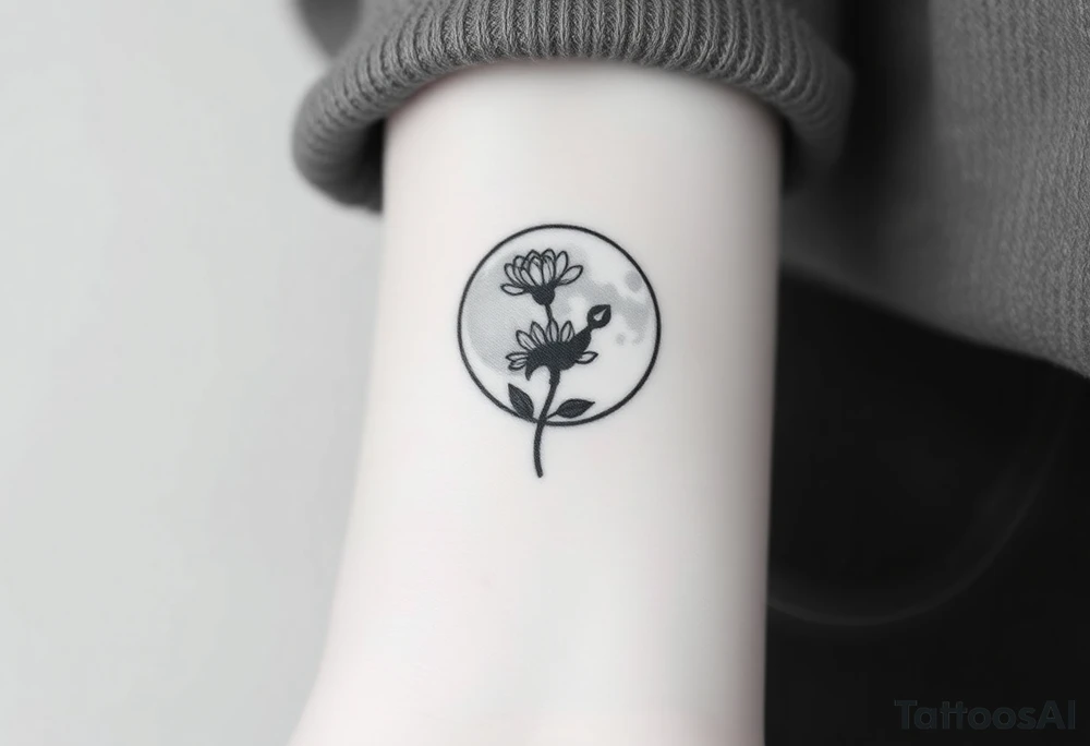 Small black and white tattoo full moon with small chrysanthemum and tiny scorpio gliph inside moon tattoo idea