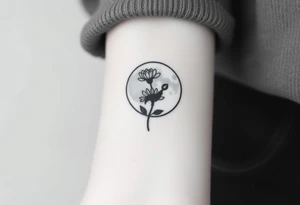 Small black and white tattoo full moon with small chrysanthemum and tiny scorpio gliph inside moon tattoo idea