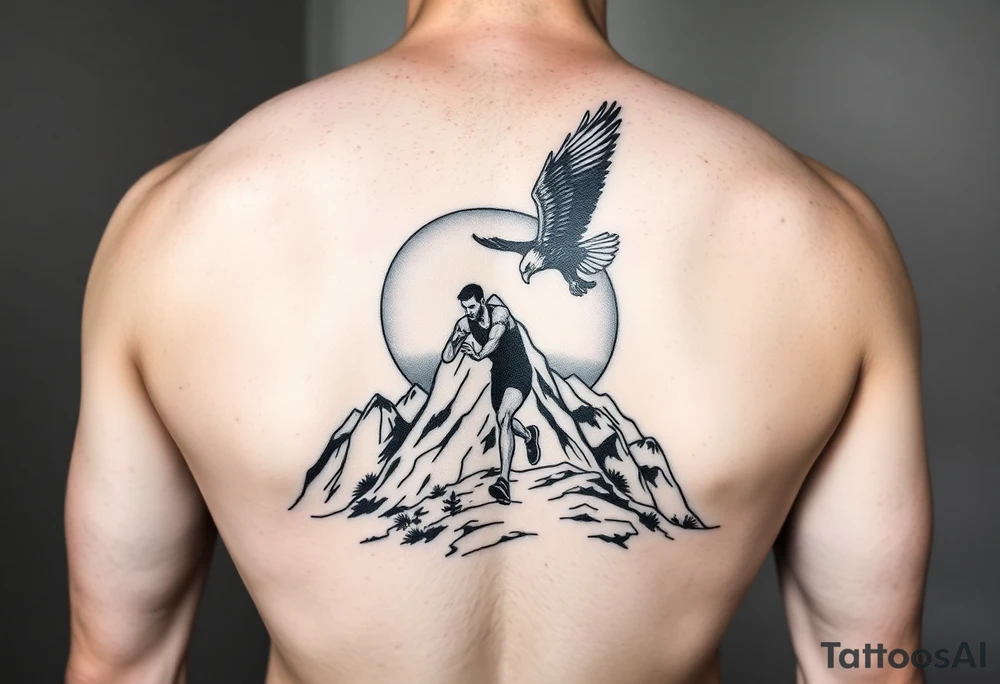 small image of a runner, tackling a mountain with a sunset background and an eagle looking over him. in black and white. tattoo idea
